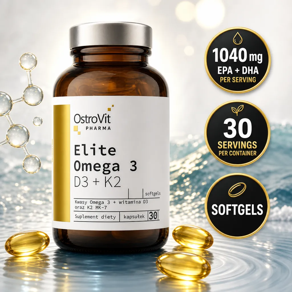 OstroVit Pharma Elite Omega 3 D3 + K2 dietary supplement, 30 softgel capsules in an amber bottle