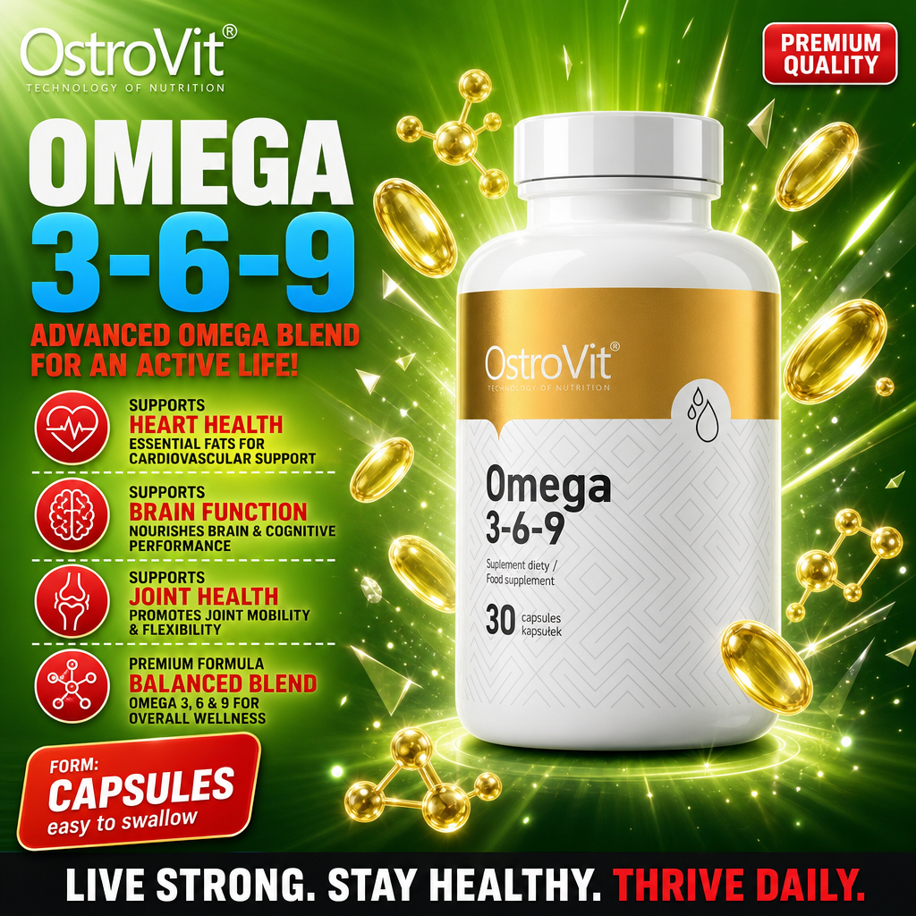 OstroVit Omega 3-6-9 dietary supplement, 30 capsules, advanced omega blend for heart, brain, and joint health, white and gold bottle, green background.
