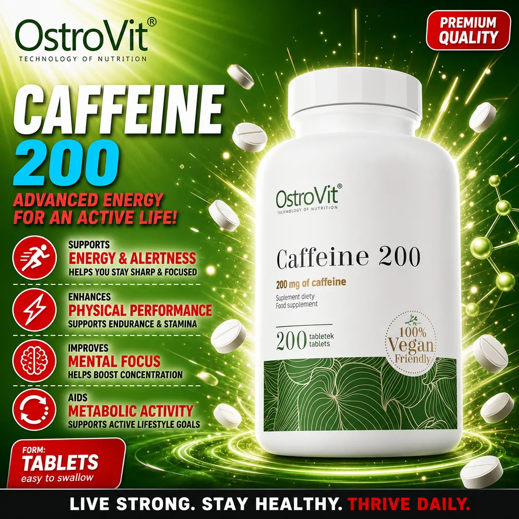 OstroVit Caffeine 200 vegan-friendly caffeine supplement, 200 tablets, 200 mg per tablet, designed to support energy, alertness, physical performance, and metabolic activity. White bottle with green and gold accents.