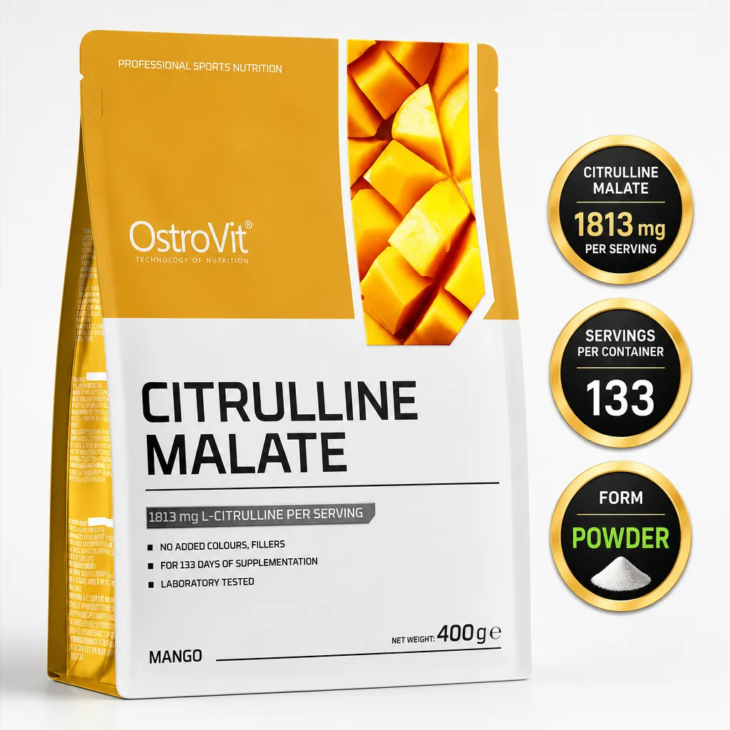 OstroVit Citrulline Malate mango-flavoured powdered sports supplement, 400 g pouch with 133 servings