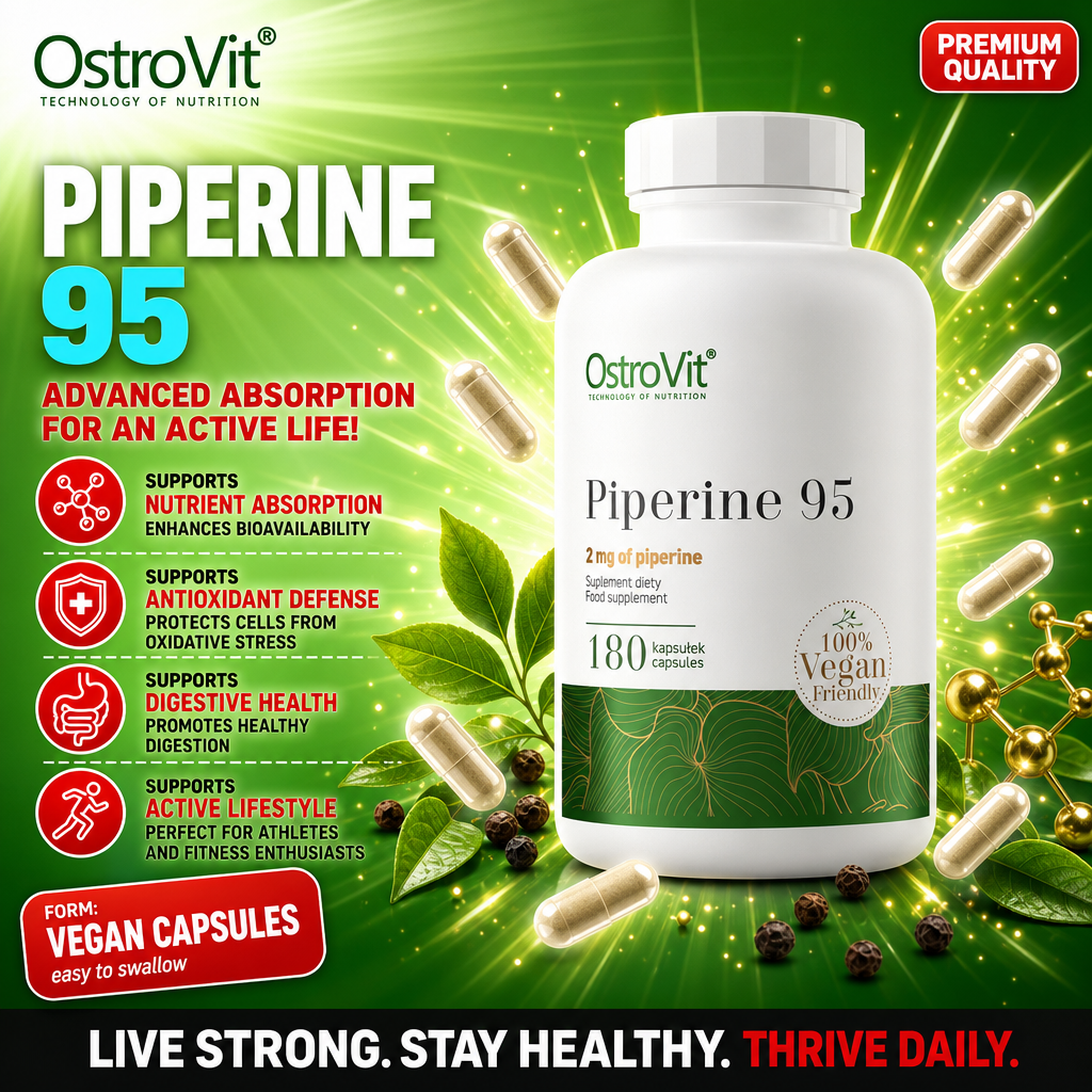 OstroVit Piperine 95 180 vegan capsules dietary supplement with 2 mg of piperine per capsule, designed for advanced absorption and antioxidant support, in a white and green bottle.