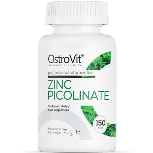 OstroVit Zinc Picolinate 150 tabs food supplement, professional vitamins line, white bottle with green accents, 71g net weight.