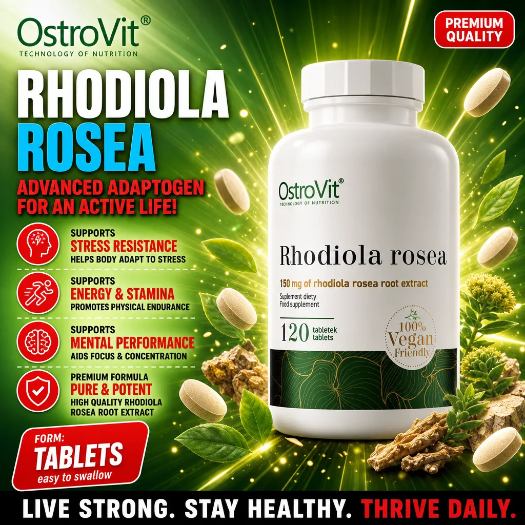 OstroVit Rhodiola Rosea 120 tablets vegan-friendly dietary supplement with 150 mg rhodiola rosea root extract, designed to support stress resistance, energy, stamina, and mental performance.