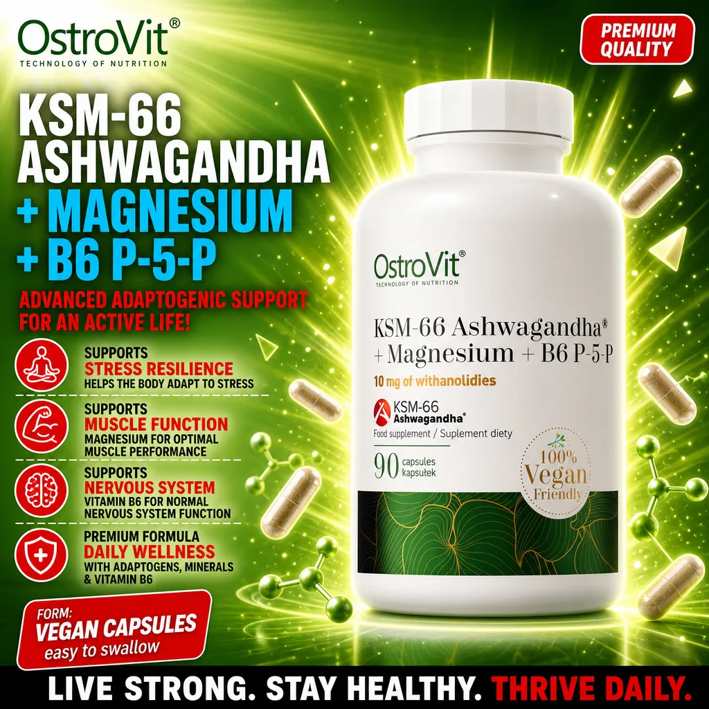 OstroVit KSM-66 Ashwagandha + Magnesium + B6 P-5-P vegan capsules, 90 count, adaptogenic supplement with withanolides, magnesium, and vitamin B6 for stress resilience and daily wellness, green and white bottle.