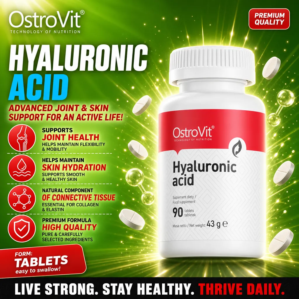 OstroVit Hyaluronic Acid 90 tablets dietary supplement for joint and skin support, shown in a white and red bottle with green background and tablet graphics.