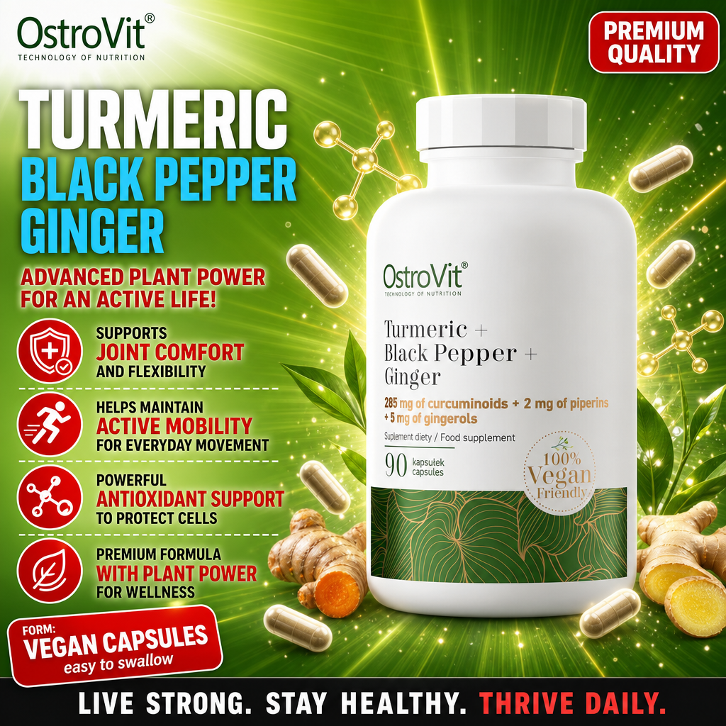 OstroVit Turmeric + Black Pepper + Ginger vegan capsules supplement, 90-count, with curcuminoids, piperins, and gingerols for joint comfort, mobility, and antioxidant support. Dominant green and white packaging.