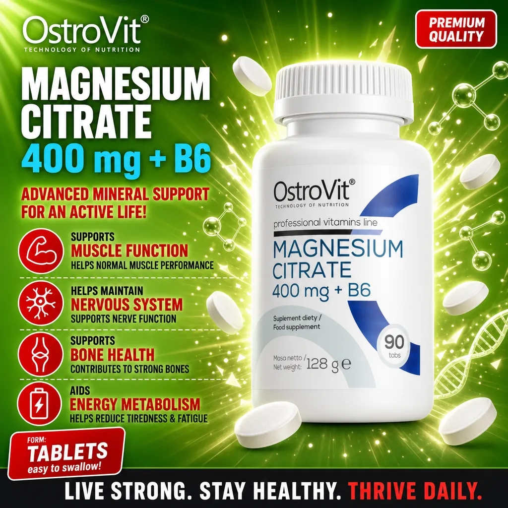 OstroVit Magnesium Citrate 400 mg + B6 90 tablets, a dietary supplement supporting muscle function, nervous system, bone health, and energy metabolism, in a white bottle with blue accents.