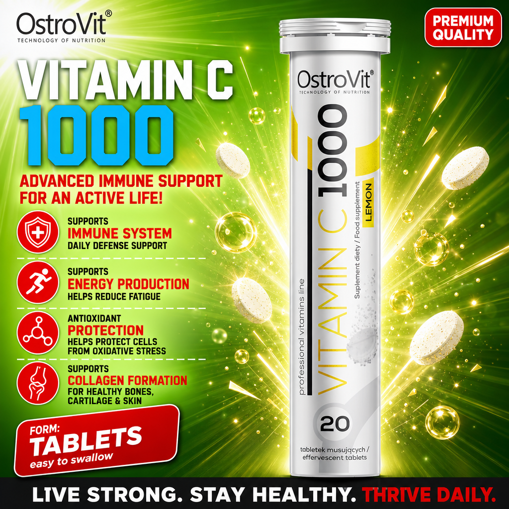 OstroVit Vitamin C 1000 lemon-flavour effervescent tablets, 20 count, high-strength vitamin C supplement for immune support, shown in a green and yellow themed promotional image.