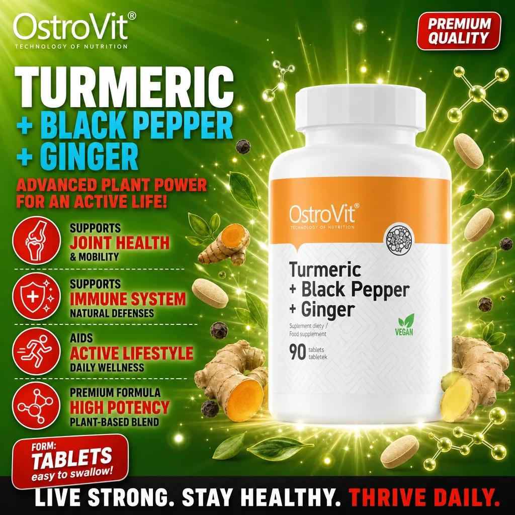 OstroVit Turmeric + Black Pepper + Ginger vegan dietary supplement, 90 tablets, featuring a high-potency plant-based blend for joint health, immune support, and active lifestyle.
