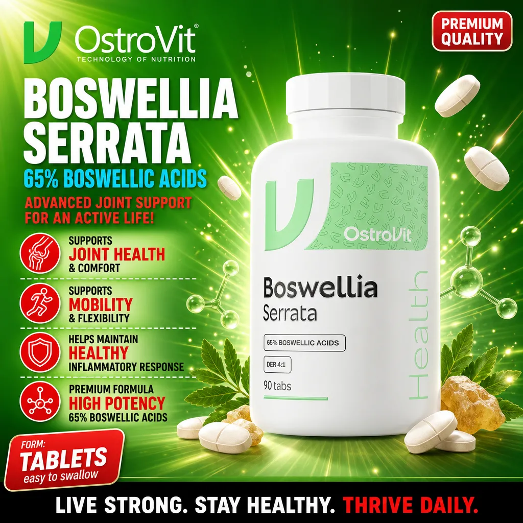 OstroVit Boswellia Serrata supplement, 90 tablets, 65% boswellic acids, joint health and mobility support, white bottle with green label, premium quality.