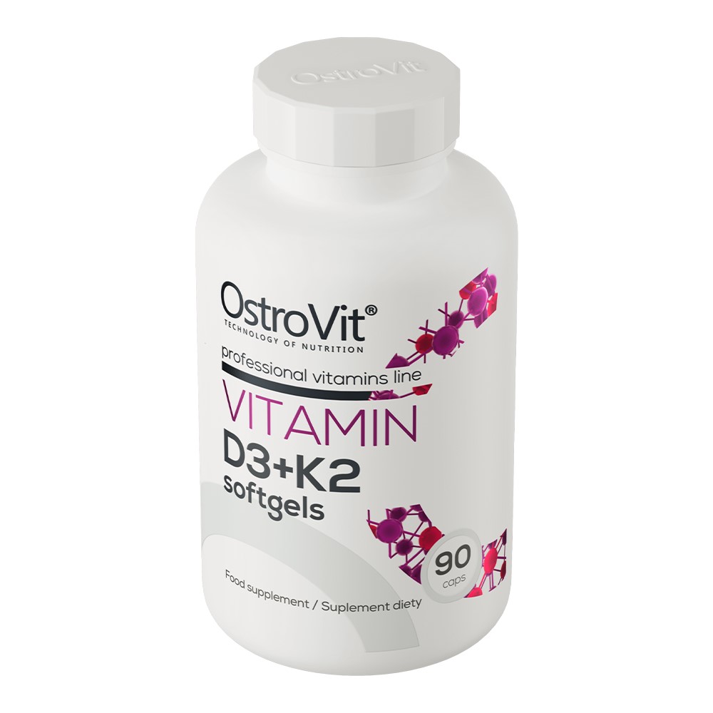 OstroVit Vitamin D3 + K2 90 Softgels bottle, white plastic container with branded label and supplement details
