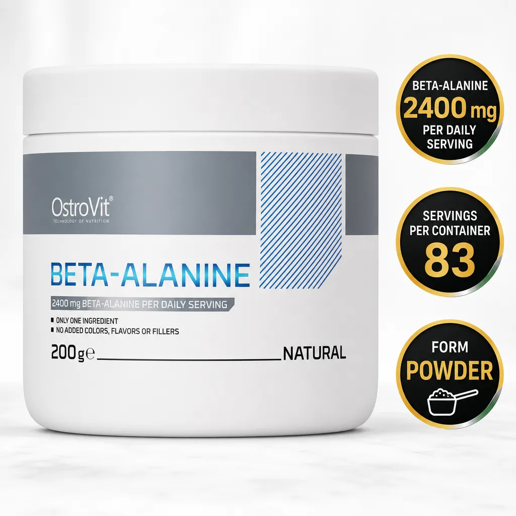 OstroVit Beta-Alanine 200g unflavoured powder supplement in a white container with 2400 mg per daily serving