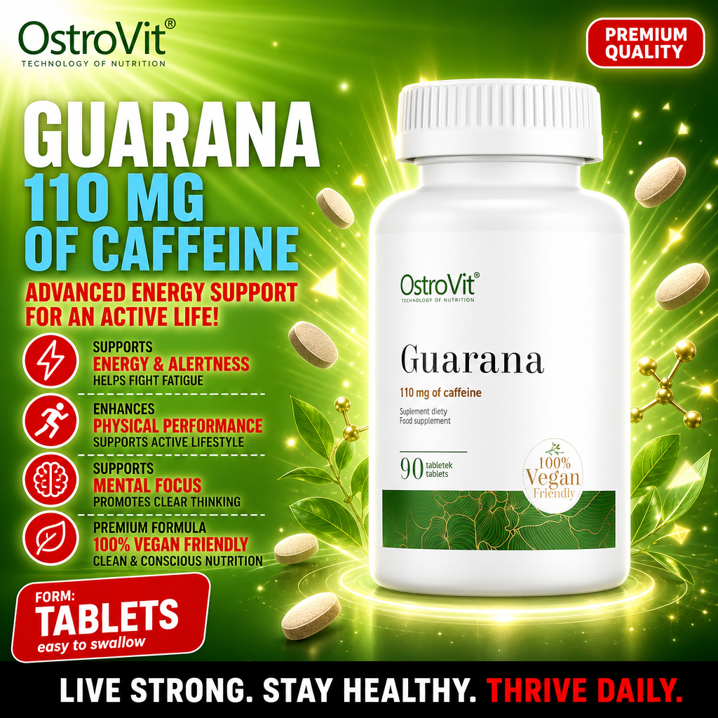 OstroVit Guarana 90 tablets, a vegan-friendly dietary supplement containing 110 mg of caffeine per tablet, designed to support energy, alertness, and physical performance.