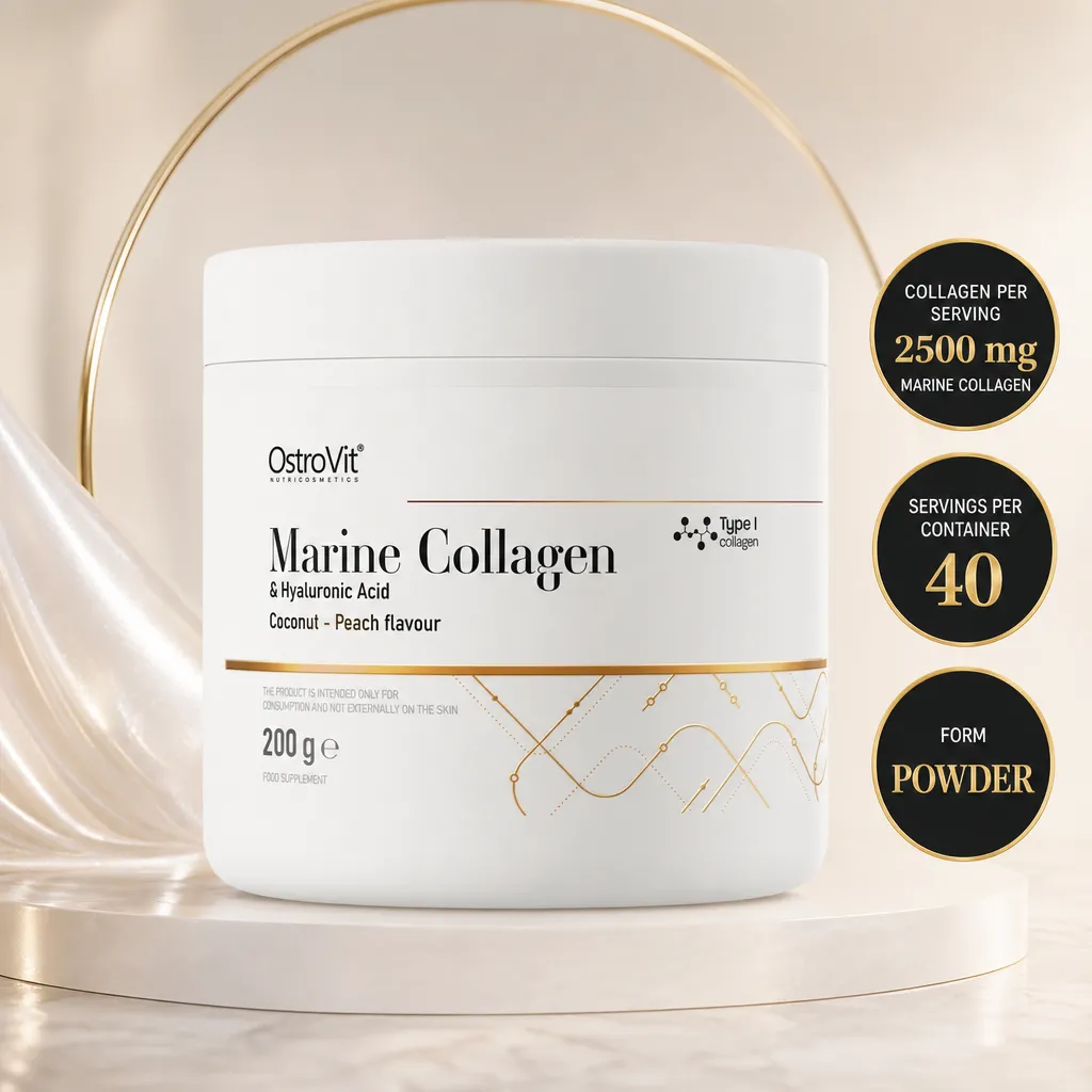 OstroVit Marine Collagen with Hyaluronic Acid powder, 200 g, coconut and peach flavour, with marine collagen and Type I collagen