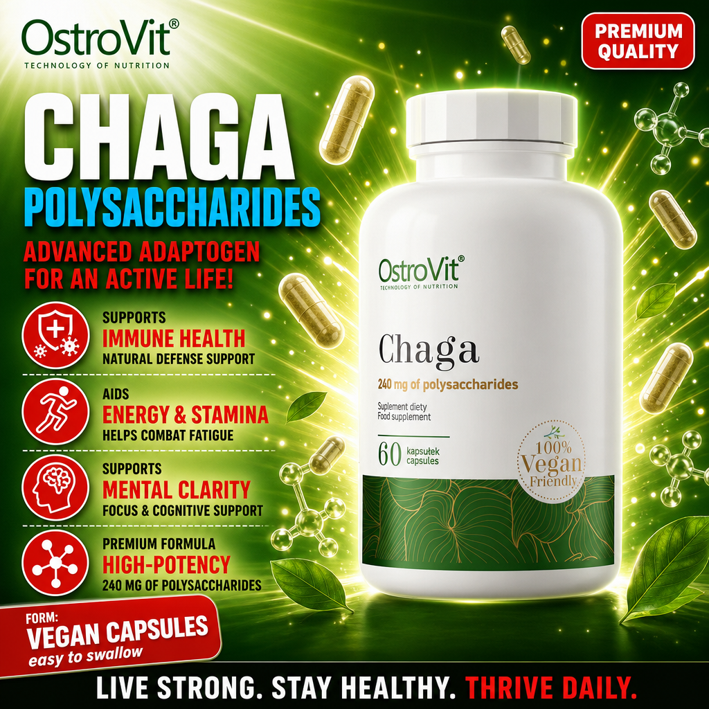 OstroVit Chaga 60 vegan capsules, a high-potency dietary supplement with 240 mg of polysaccharides per serving, supporting immune health, energy, stamina, and mental clarity. The product is 100% vegan friendly and comes in a white bottle with green accent