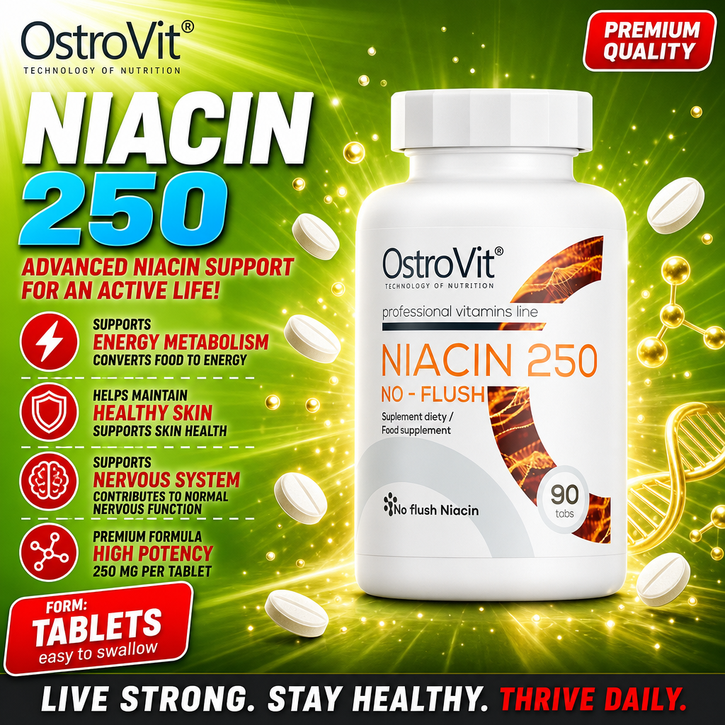 OstroVit Niacin 250 No-Flush 90 tabs dietary supplement, high potency niacin tablets for energy metabolism, healthy skin, and nervous system support, in a white bottle with orange and black design.