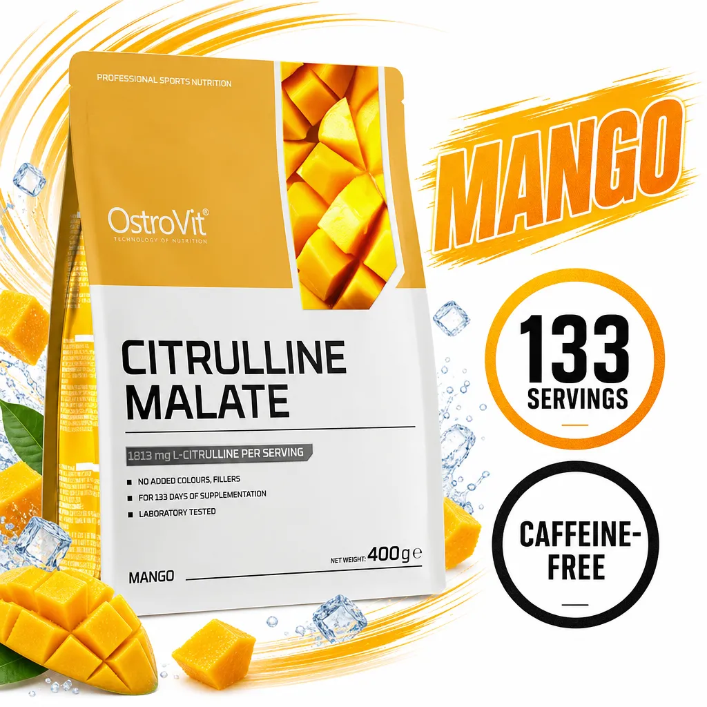 OstroVit Citrulline Malate 400g mango-flavoured powdered sports supplement in a white and orange pouch with 133 servings