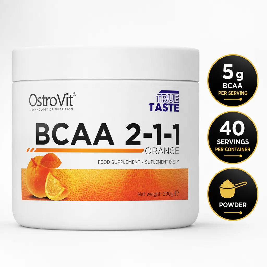 OstroVit BCAA 2:1:1 Orange 200g powdered branched-chain amino acid supplement in a white tub