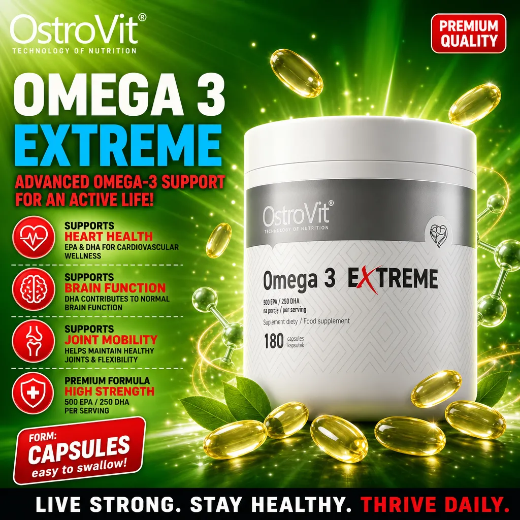 OstroVit Omega 3 Extreme 180 capsules high-strength omega-3 dietary supplement with EPA and DHA, shown with softgel capsules and green background.
