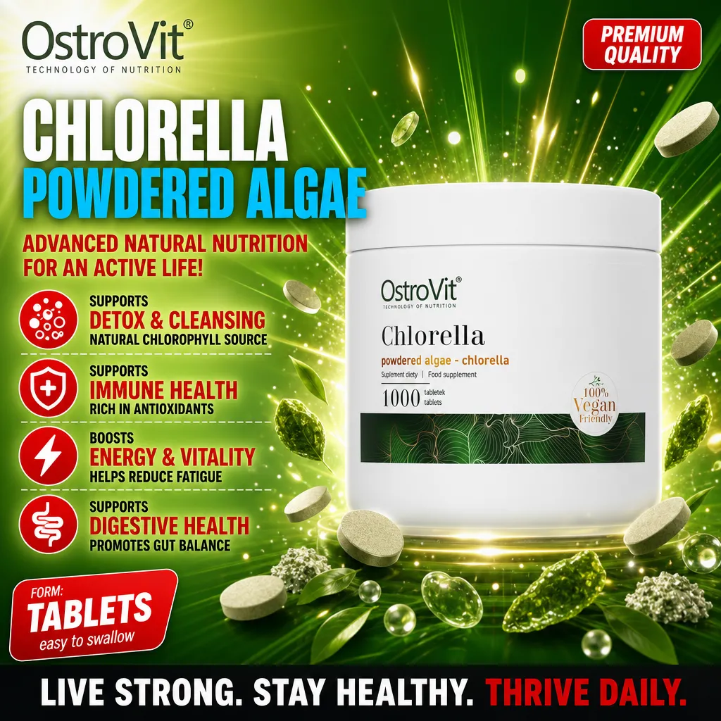 OstroVit Chlorella 1000 tablets powdered algae vegan-friendly dietary supplement, supports detox, immune health, energy, and digestive health, green tablets in a white container.