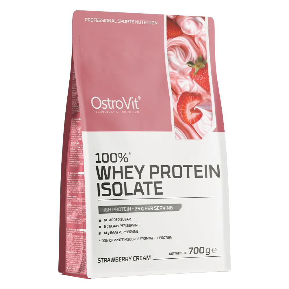 OstroVit 100% Whey Protein Isolate 700g strawberry cream flavour, high-protein supplement with no added sugar and 25g protein per serving.