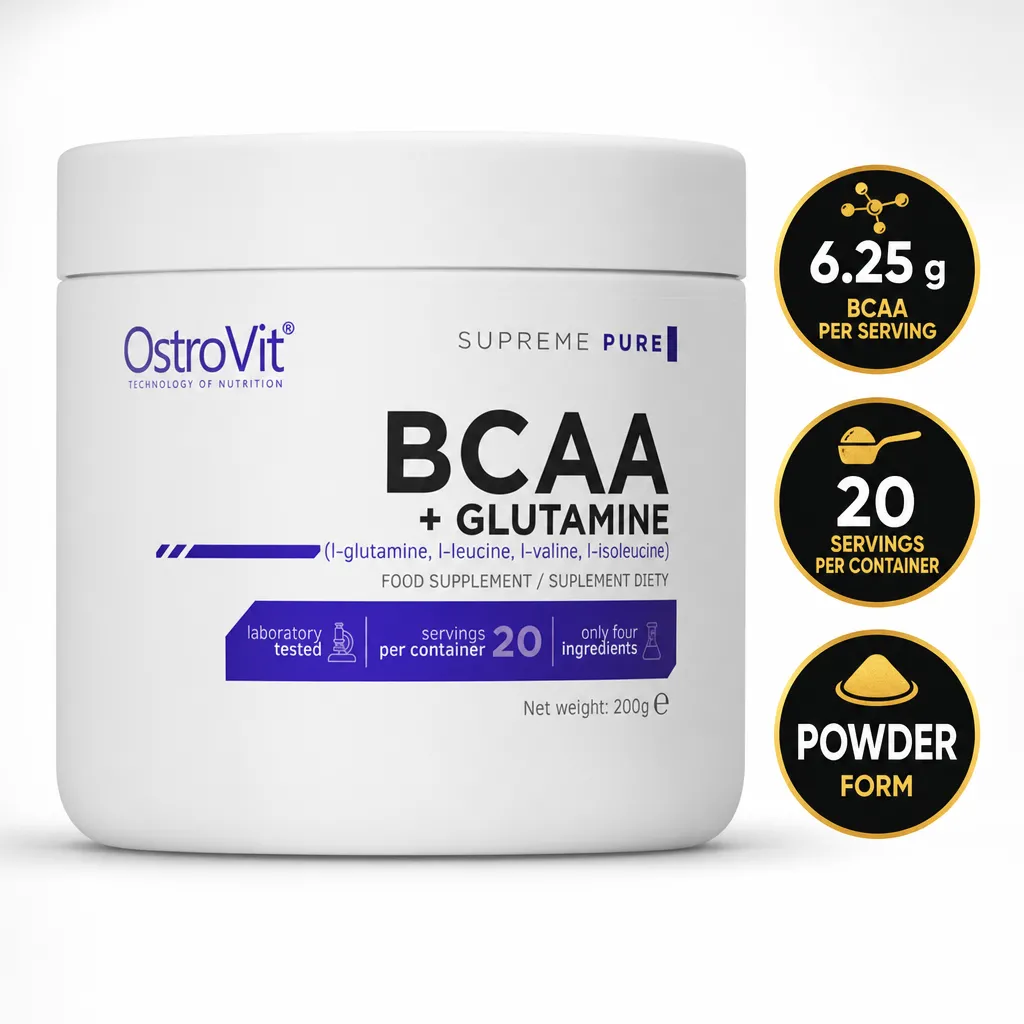 OstroVit BCAA + Glutamine 200g Unflavoured, amino acid supplement in white powder form with 20 servings