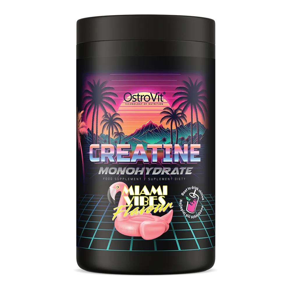 OstroVit Creatine Monohydrate Miami Vibes Flavour, a food supplement creatine powder with a retro Miami-themed label, 500g size, in a black container.