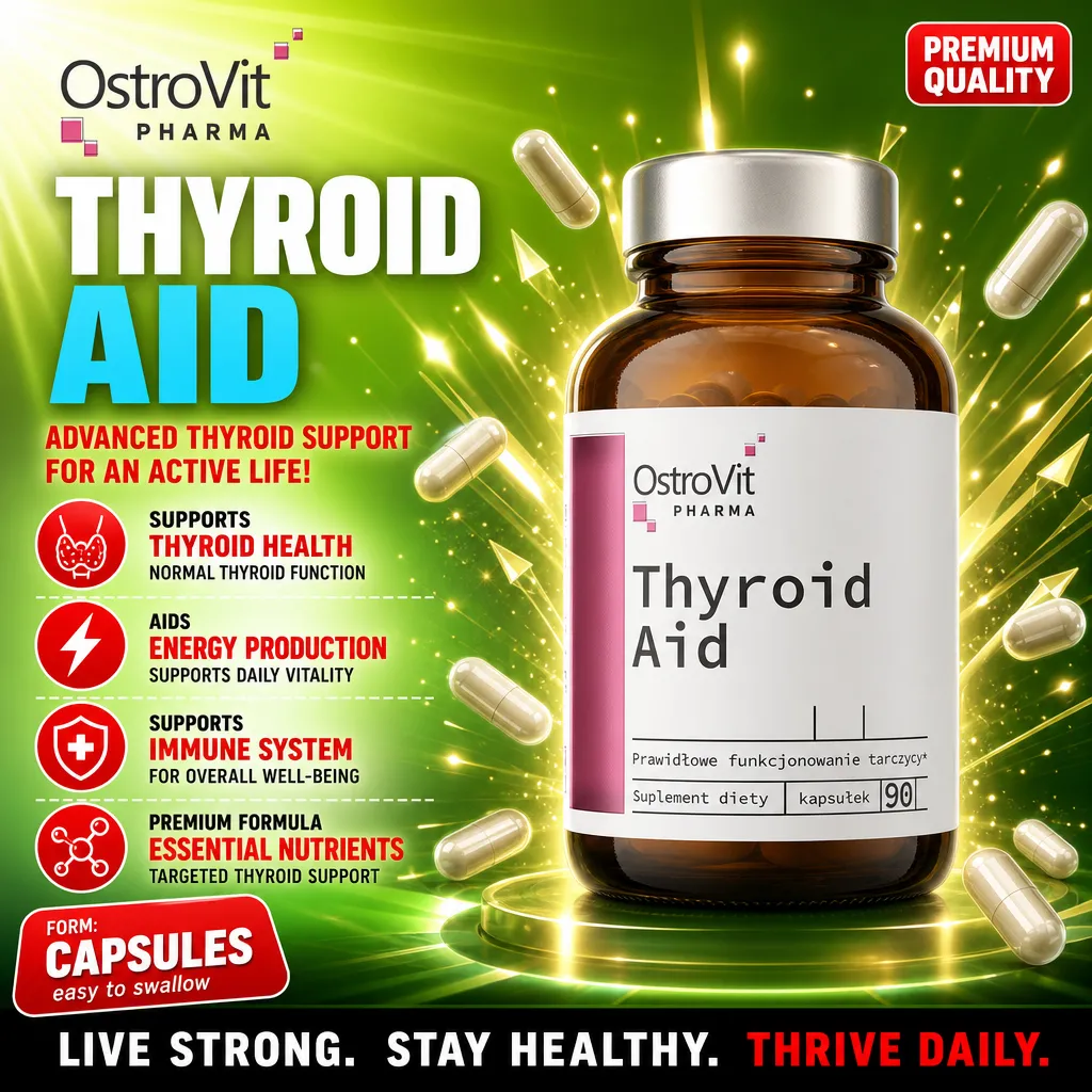 OstroVit Pharma Thyroid Aid 90 capsules dietary supplement for thyroid health, energy production, and immune system support, in a brown bottle with a white label.