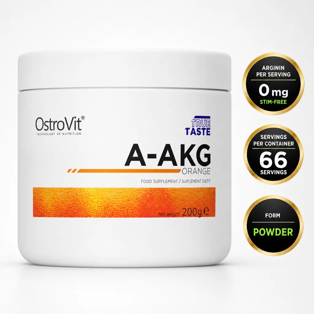 OstroVit AAKG 200g orange-flavoured powdered L-arginine alpha-ketoglutarate supplement in a white tub