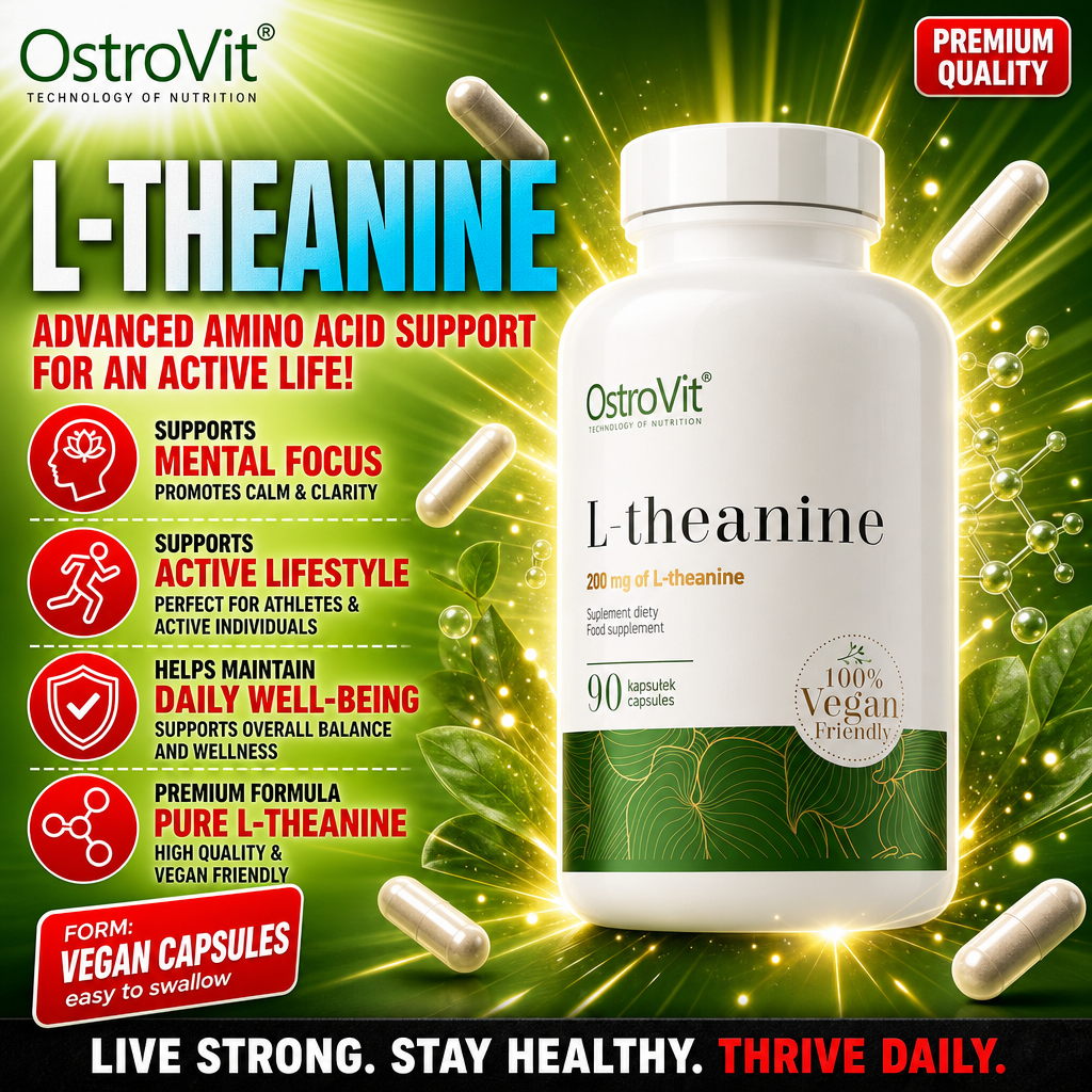 OstroVit L-theanine 90 capsules, a vegan-friendly dietary supplement with 200 mg L-theanine per capsule, designed to support mental focus, active lifestyle, and daily well-being. The bottle is white with green accents and labeled as 100% vegan friendly.