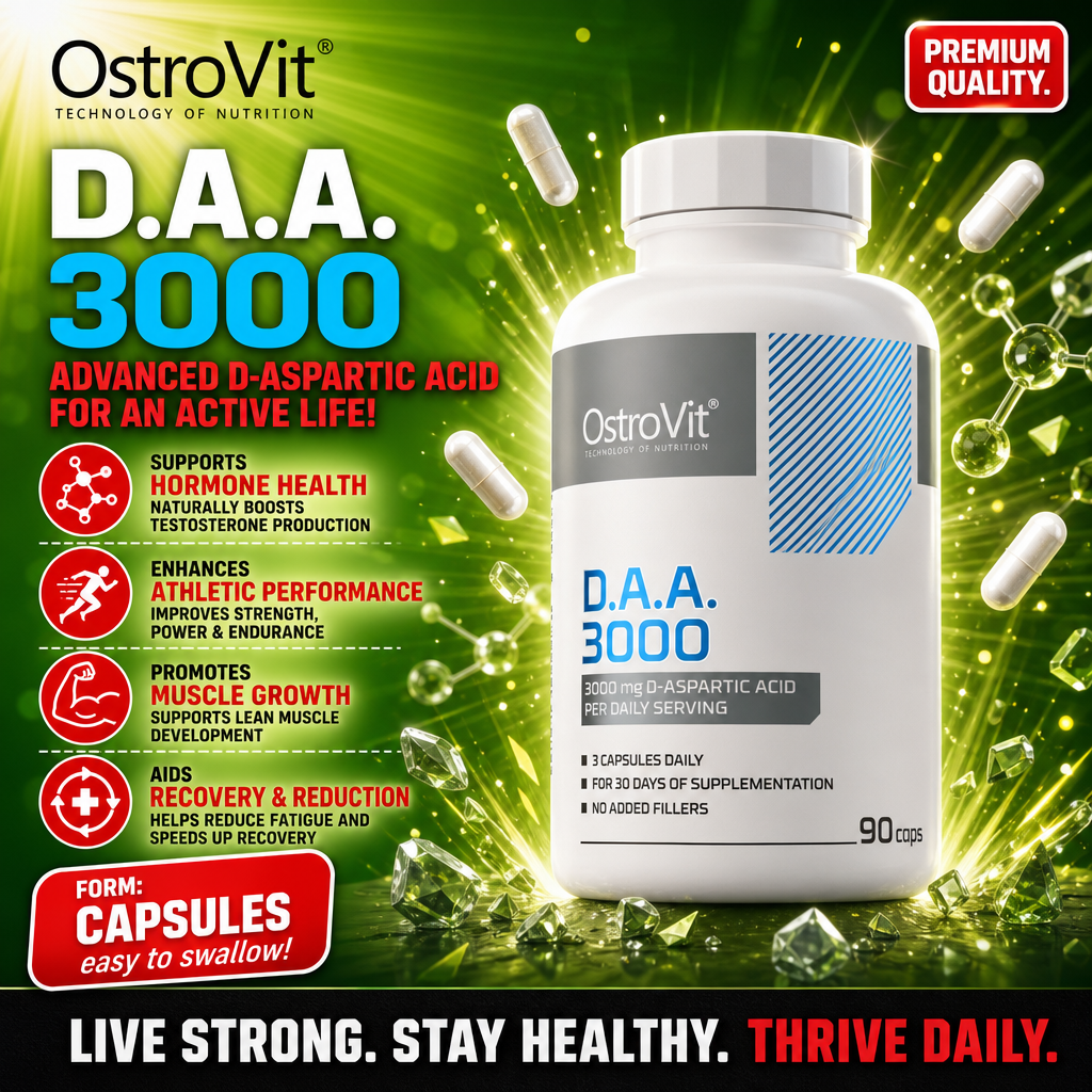 OstroVit D.A.A. 3000 90 capsules dietary supplement with 3000mg D-aspartic acid per serving, in capsule form, for hormone health, muscle growth, and athletic performance. White bottle with blue and grey accents.