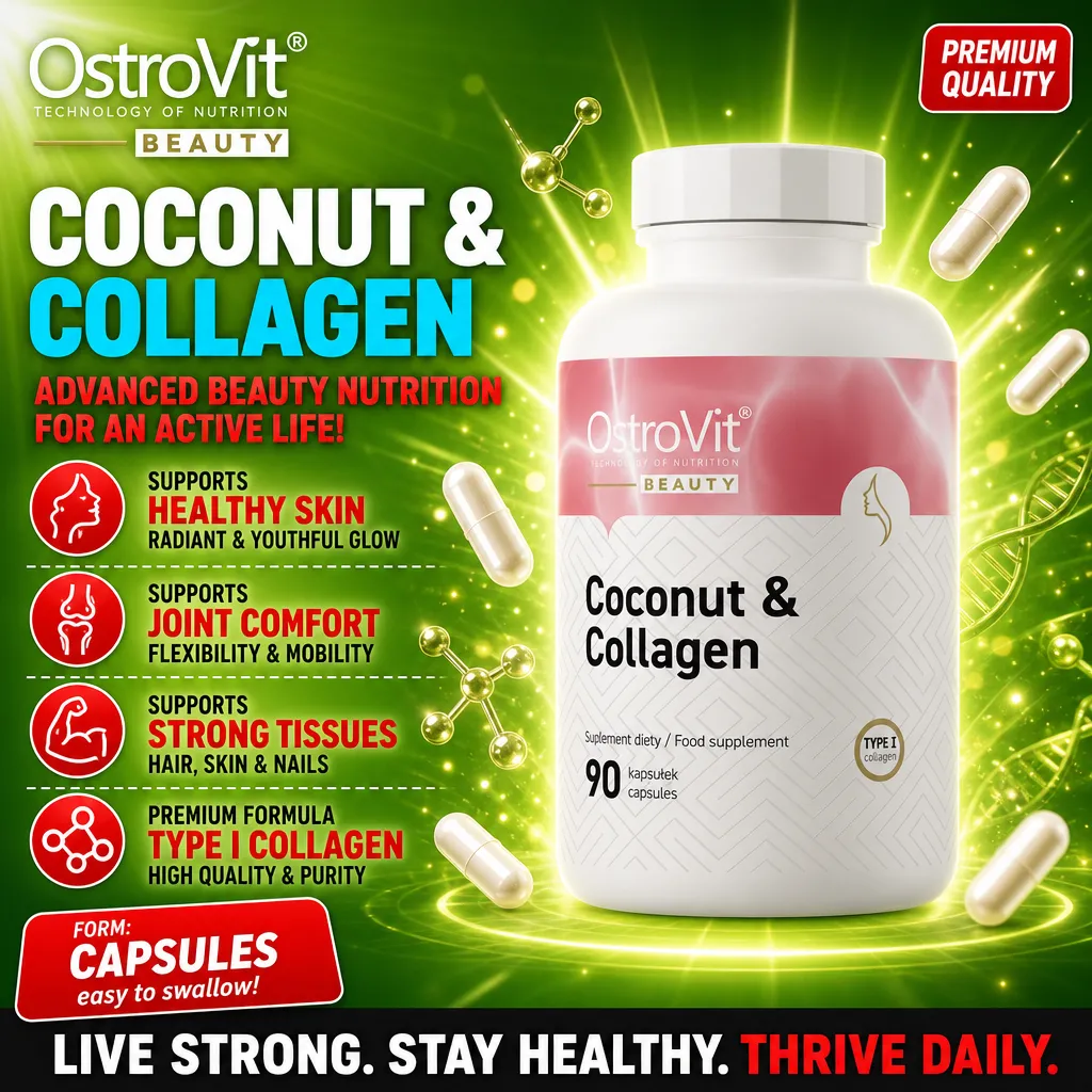 OstroVit Coconut & Collagen 90 capsules, a beauty nutrition supplement with type I collagen and coconut oil, designed to support healthy skin, joints, and strong tissues. The product is in capsule form and comes in a white and pink bottle.