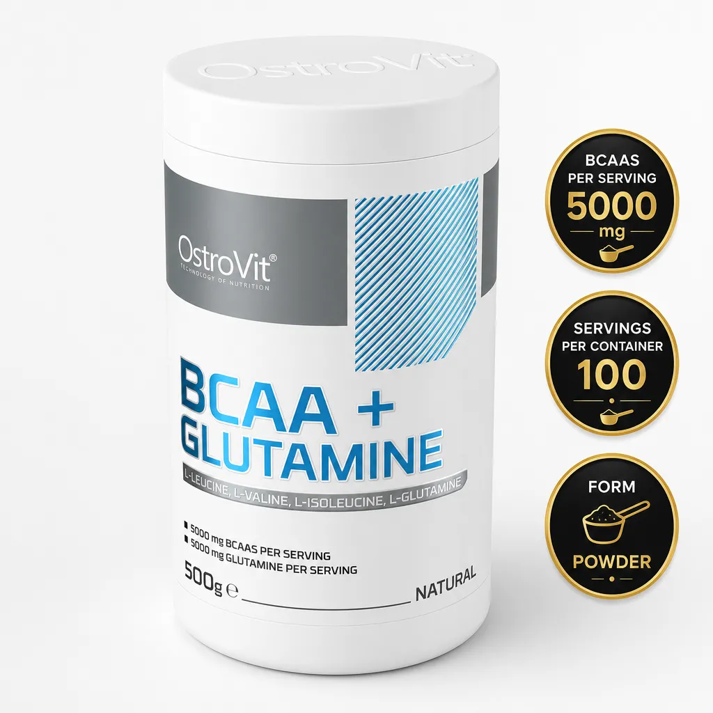 OstroVit BCAA + Glutamine 500g unflavoured amino acid powder in a white tub with blue and grey branding