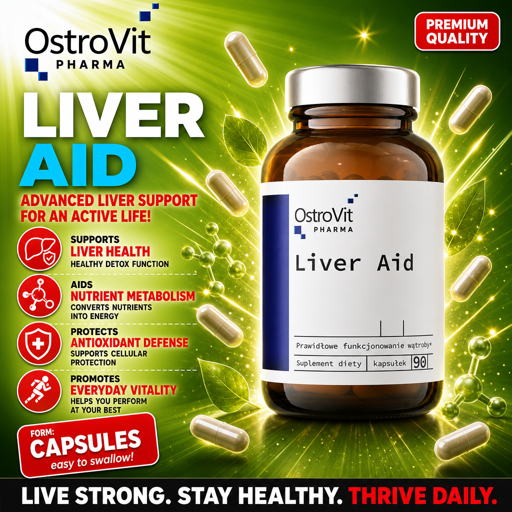 OstroVit Pharma Liver Aid 90 kapsułek, liver health supplement in capsule form, brown glass bottle with white and blue label, designed to support liver function and vitality.