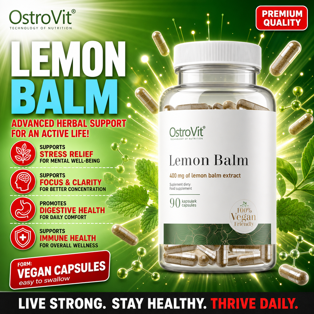 OstroVit Lemon Balm 90 capsules vegan-friendly herbal supplement with 400 mg lemon balm extract per capsule, designed to support stress relief, focus, digestive and immune health. The bottle is predominantly white and green.