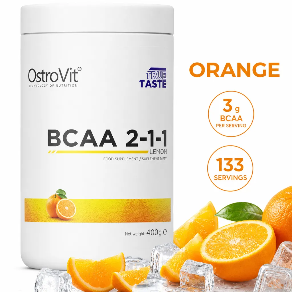 OstroVit BCAA 2:1:1 400g powdered amino acid supplement in orange flavour, shown in a white tub with 400g net weight
