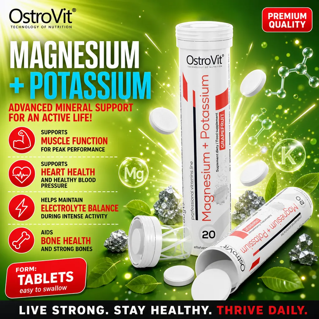 OstroVit Magnesium + Potassium 20 effervescent tablets, grapefruit flavour, mineral supplement for muscle, heart, and electrolyte support, shown in white tubes with green background.