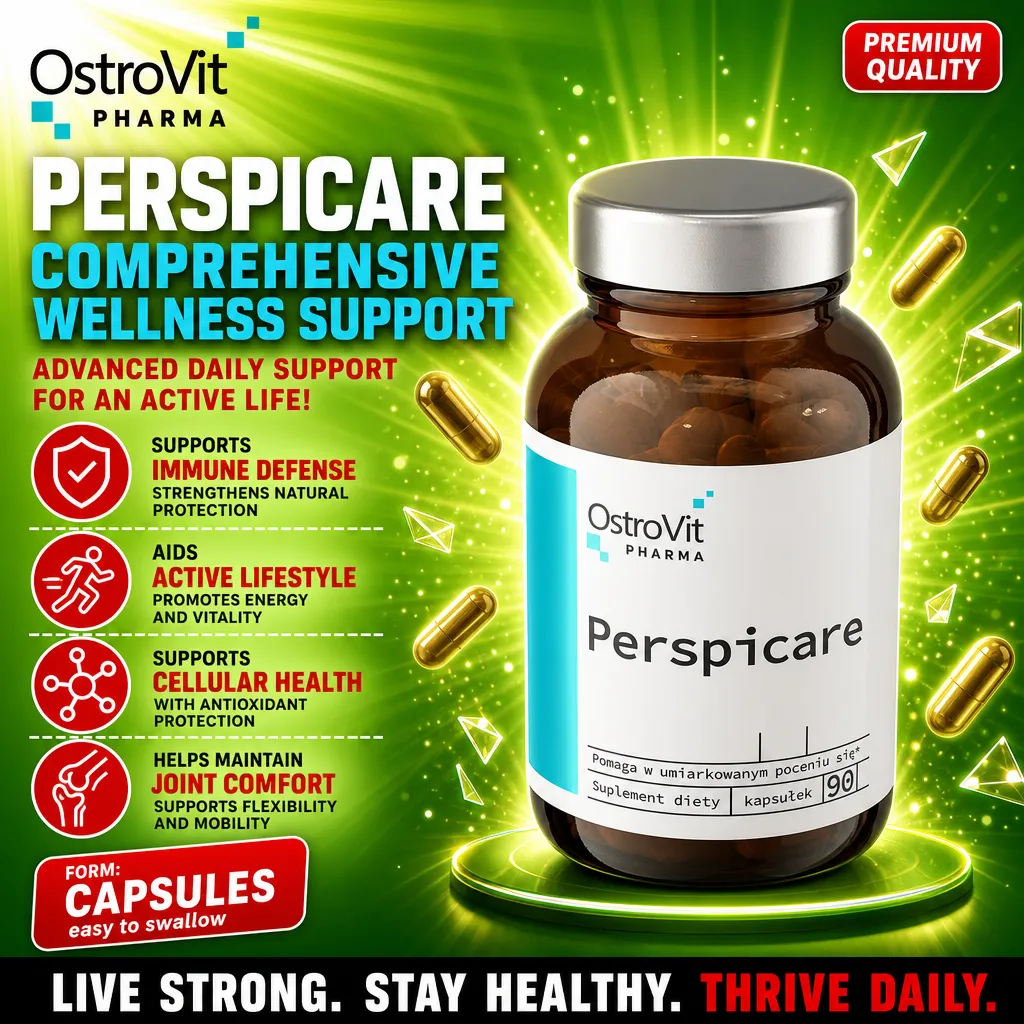 OstroVit Pharma Perspicare 90 Caps dietary supplement, comprehensive wellness support capsules in a brown glass bottle, designed to support immune defense, active lifestyle, cellular health, and joint comfort.