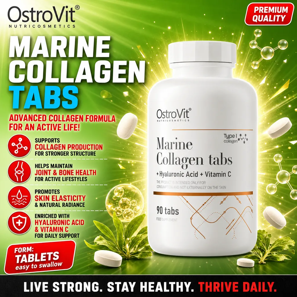 OstroVit Marine Collagen tabs with Hyaluronic Acid and Vitamin C, 90 tablets, a dietary supplement for collagen production, joint and bone health, and skin elasticity, in a white bottle with green background.