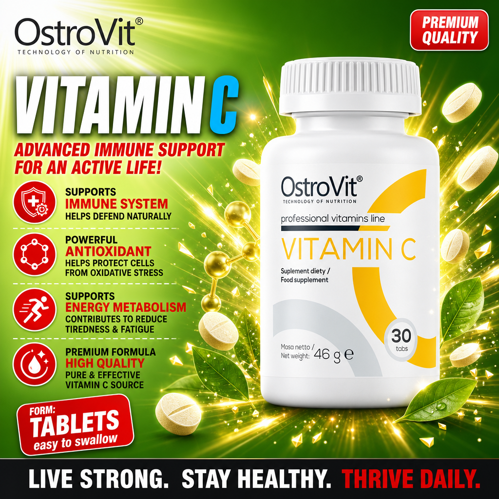 OstroVit Vitamin C 30 tabs dietary supplement, professional vitamins line, high quality vitamin C tablets for immune support, antioxidant protection, and energy metabolism. White bottle with yellow accents on a green background.