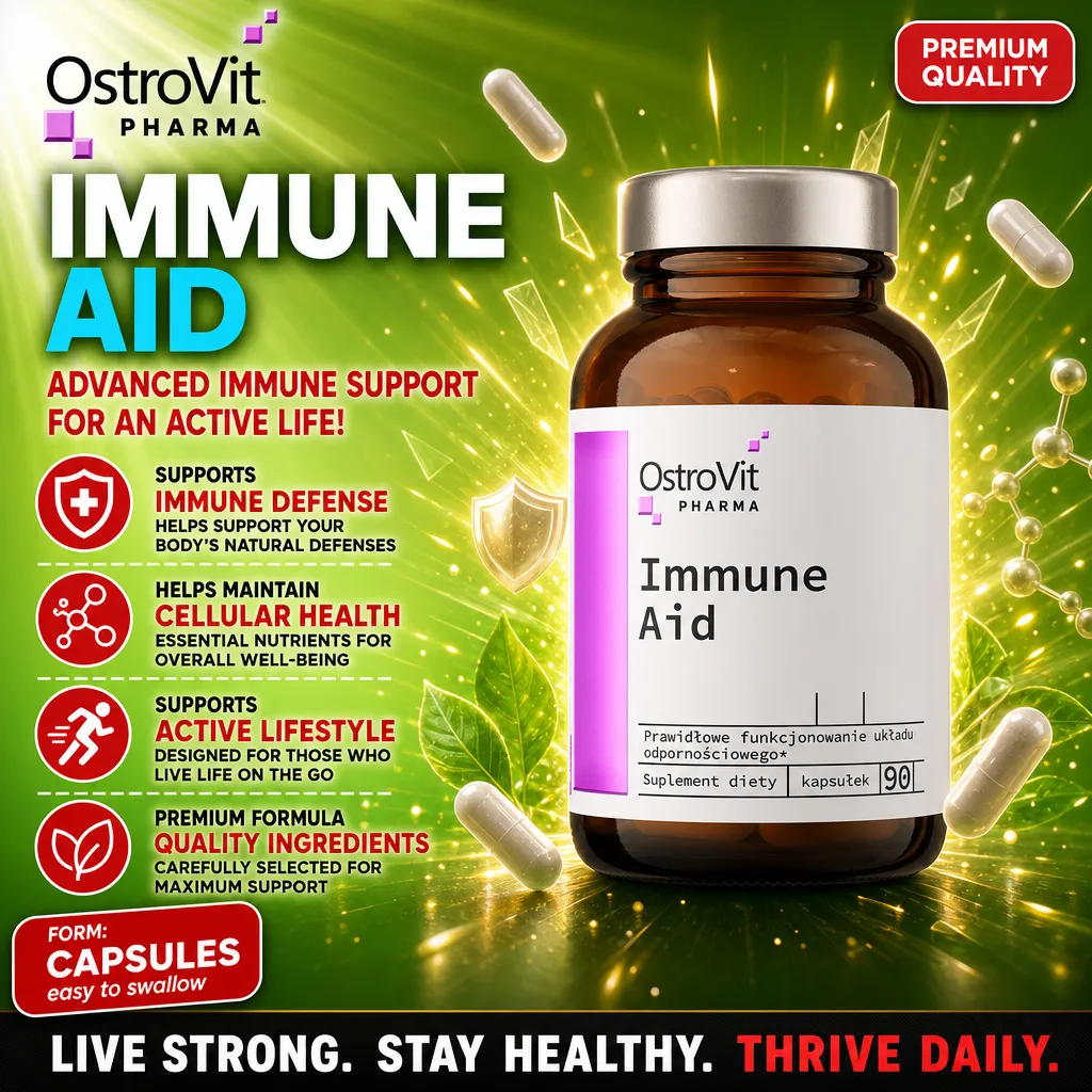 OstroVit Pharma Immune Aid 90 Caps bottle, white plastic container with blue and silver label, 90 vegetarian capsules