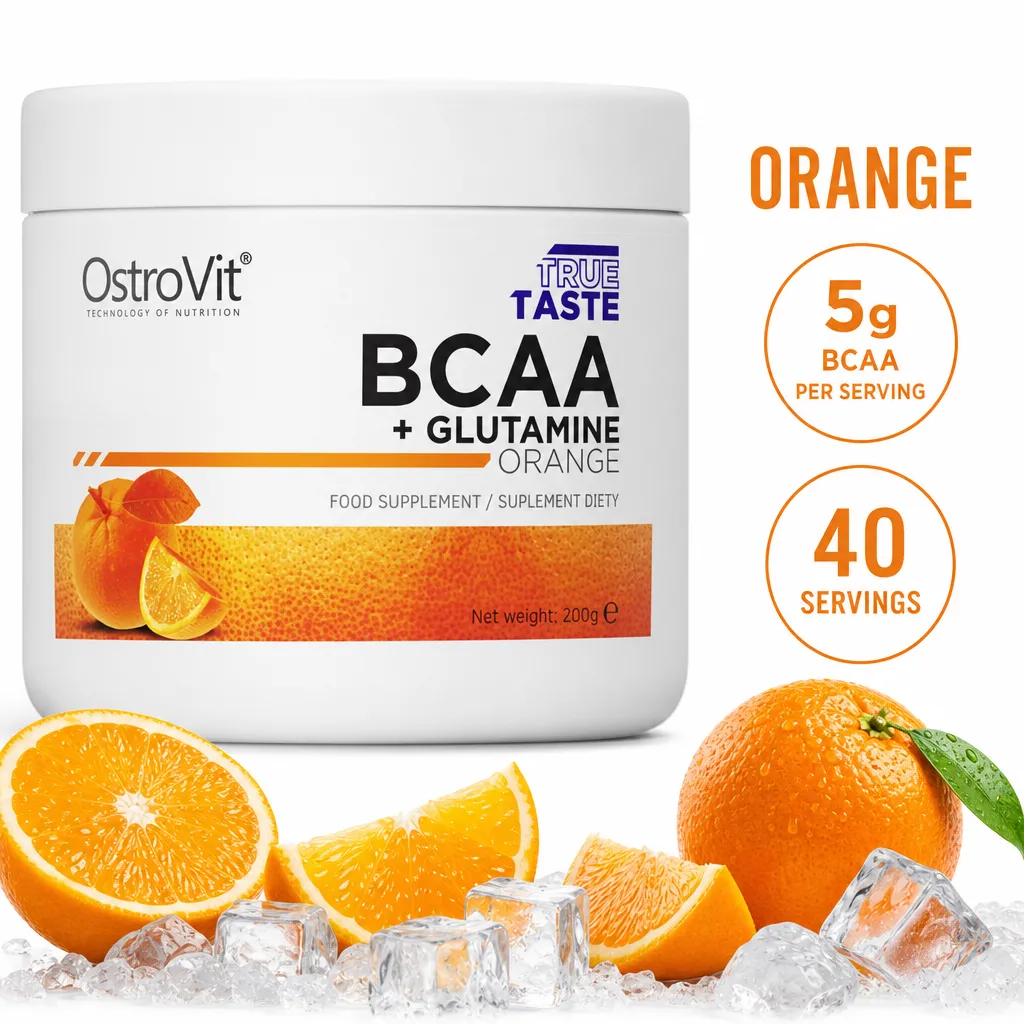 OstroVit BCAA + Glutamine Orange is a 200g flavored powder supplement with 40 servings and 5g BCAA per serving