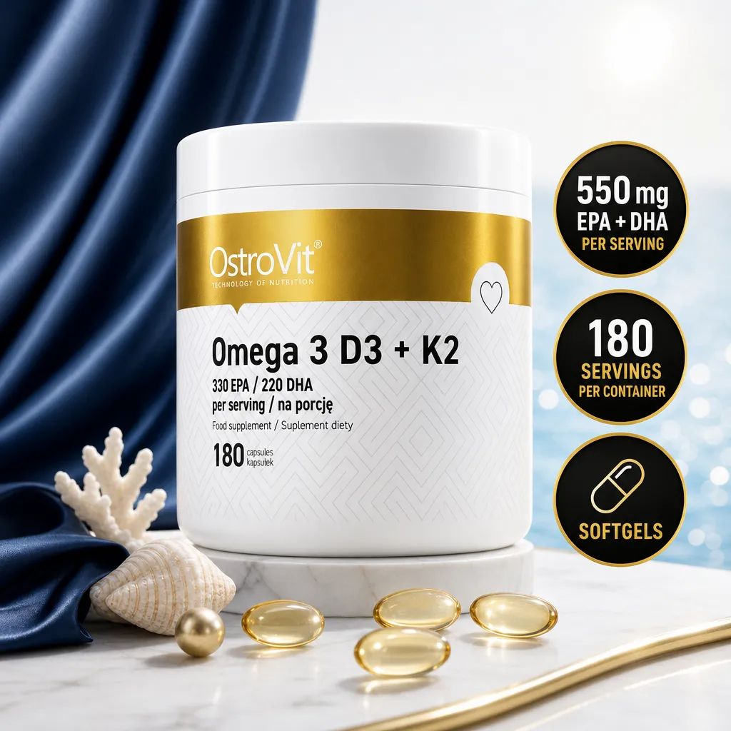 OstroVit Omega 3 D3 + K2 dietary supplement with 180 softgels, featuring 550 mg EPA and DHA per serving
