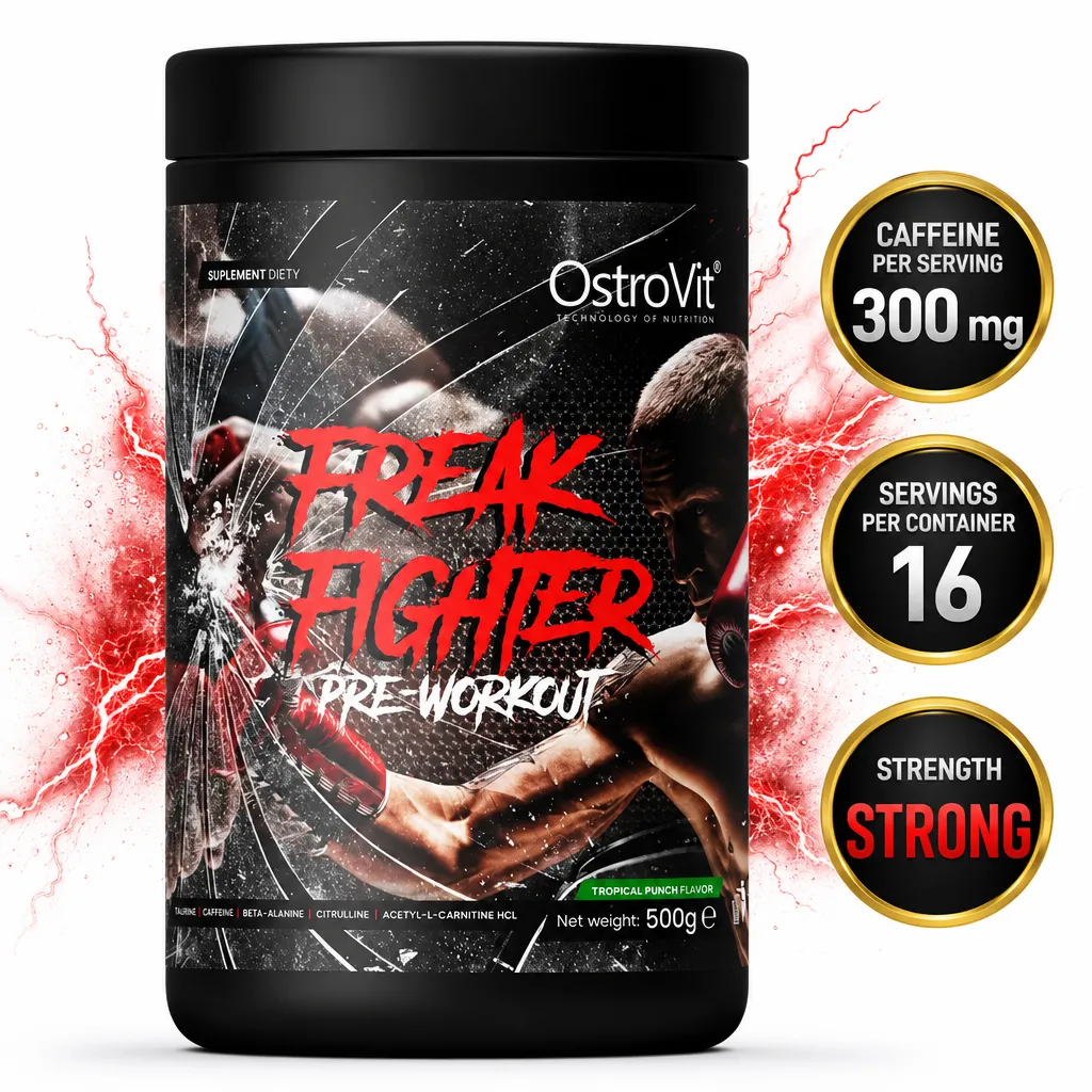 OstroVit Freak Fighter 500g tropical punch pre-workout powder in a black tub with bold red and white graphics