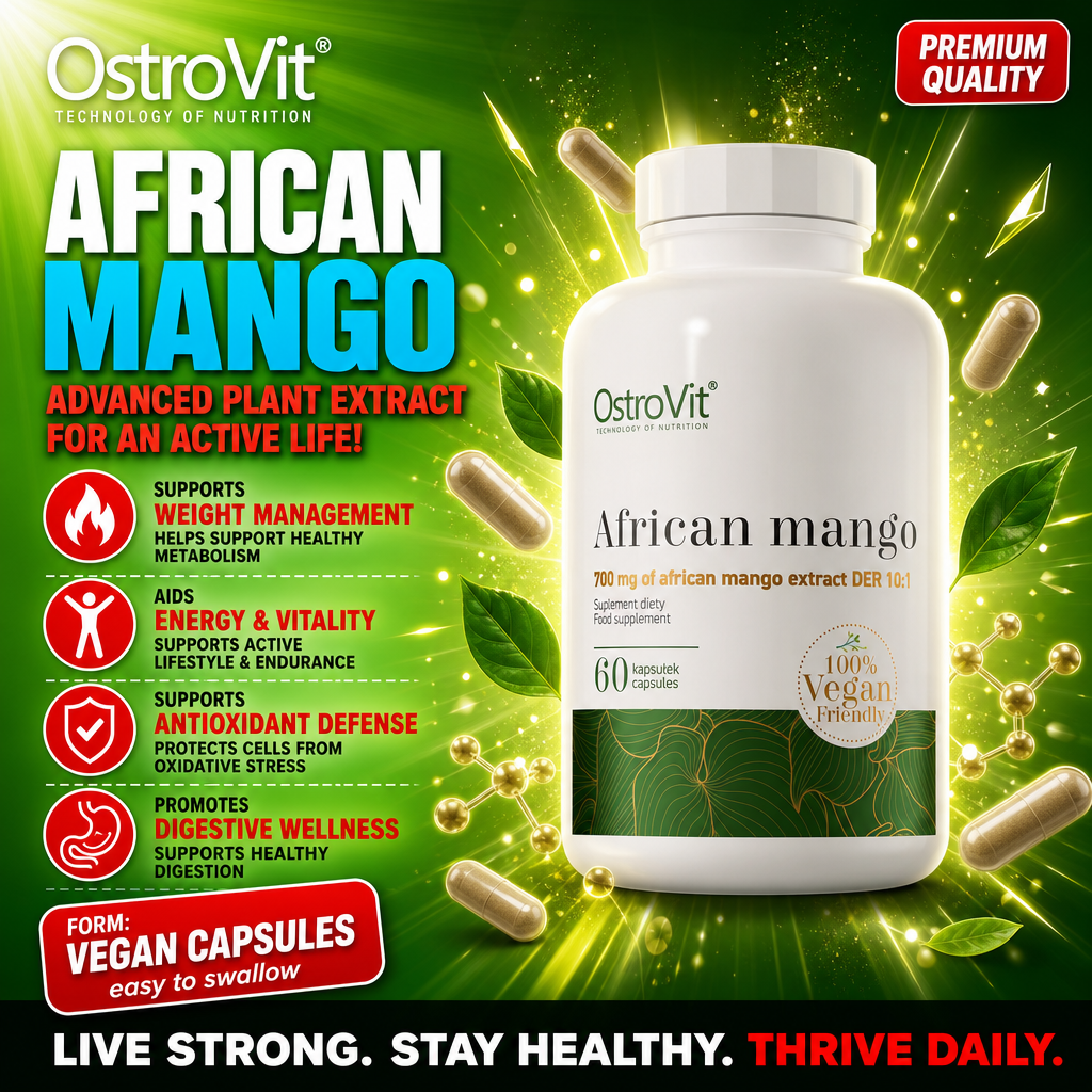 OstroVit African Mango vegan capsules, 60-count bottle, 700 mg African mango extract, plant-based dietary supplement for weight management and wellness, green and white packaging.