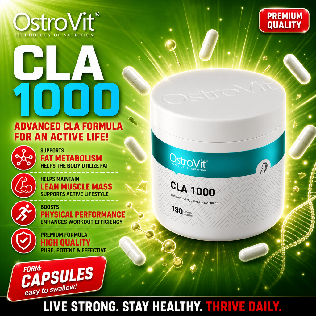 OstroVit CLA 1000 180 capsules dietary supplement, advanced CLA formula in capsule form for fat metabolism, lean muscle mass, and physical performance, with a white and teal container on a green background.