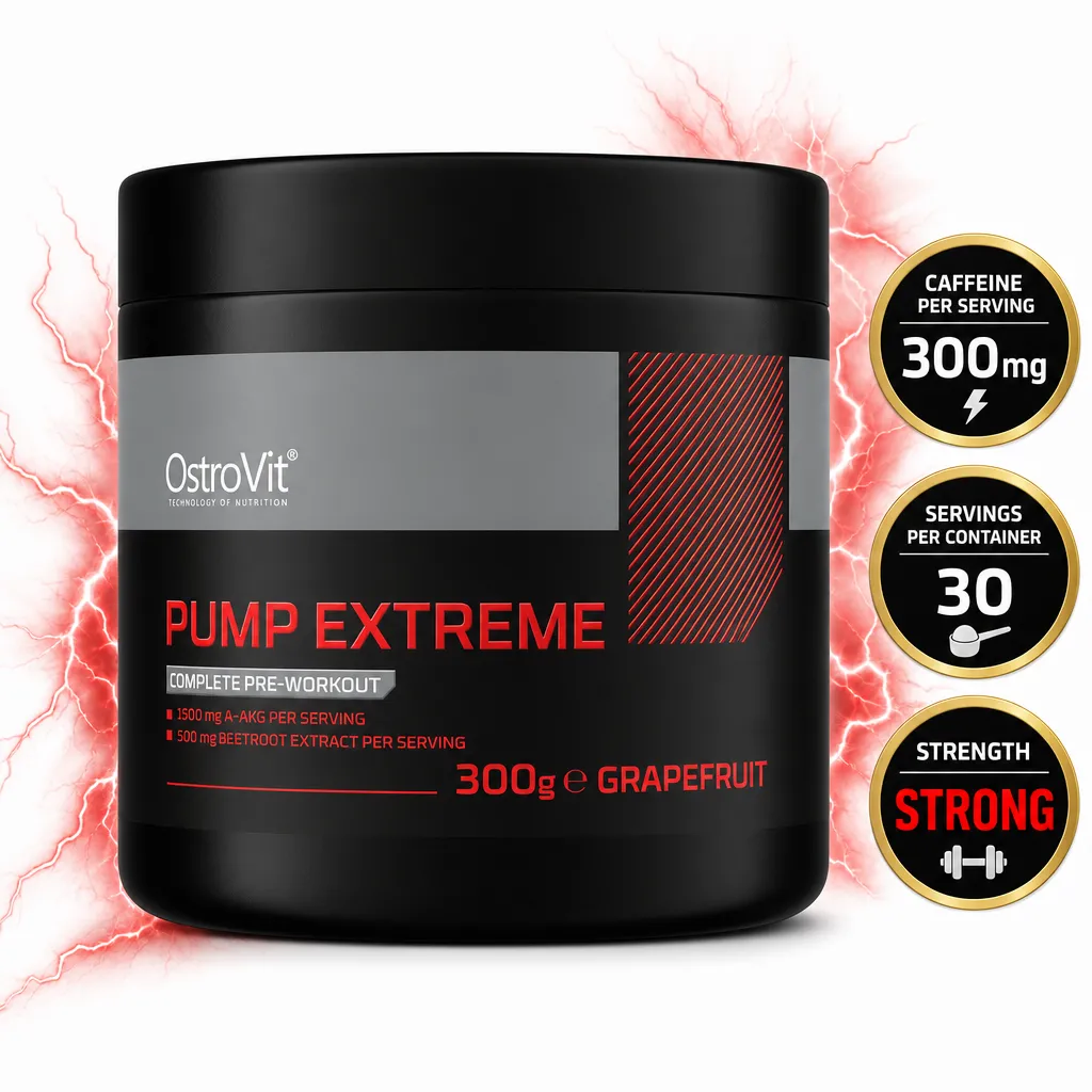 OstroVit Pump Extreme 300g grapefruit-flavoured pre-workout supplement in a black tub