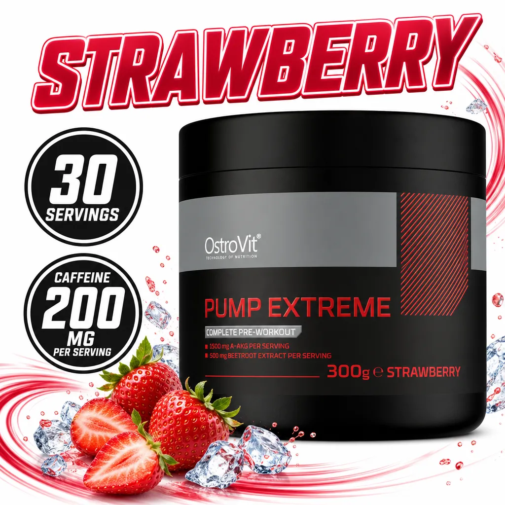 OstroVit Pump Extreme 300g strawberry-flavoured pre-workout powder with 30 servings and 200mg caffeine per serving