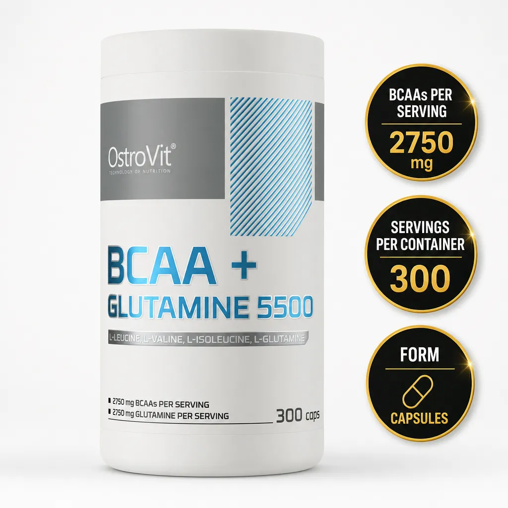 OstroVit BCAA + Glutamine 5500 dietary supplement in capsule form, with 300 capsules and 2750 mg BCAAs and glutamine per serving