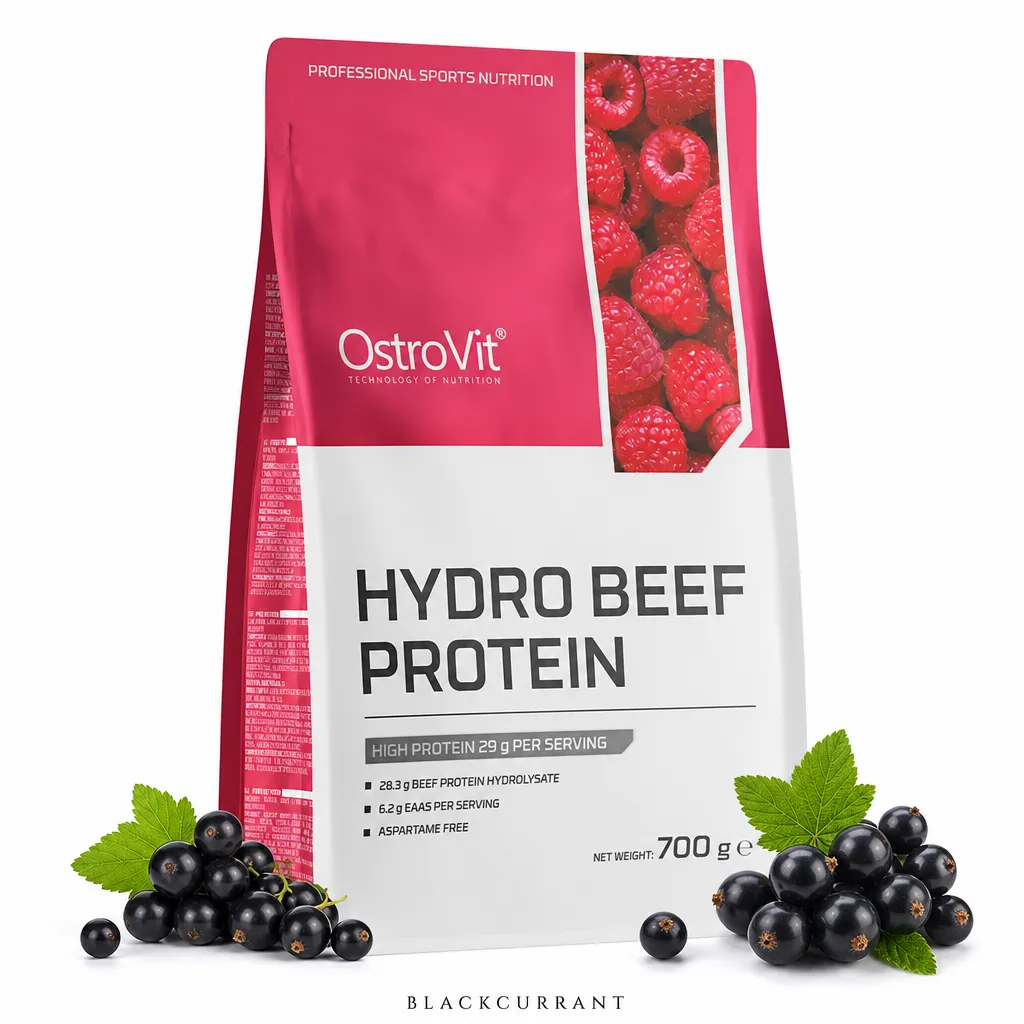 OstroVit Hydro Beef Protein 700g blackcurrant flavor powder, high-protein beef hydrolysate supplement for muscle growth and recovery, lactose-free and aspartame-free.